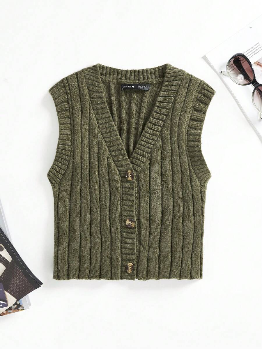 SHEIN EZwear 1入組式正面鈕扣毛衣背心 - 軍綠色 - 查看 1