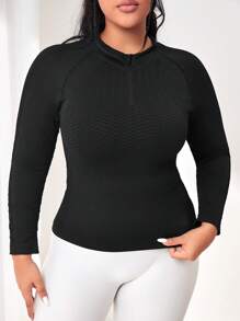 SHEIN Sports Plus Notched Neck Sports Sweatshirt - Black - View 3