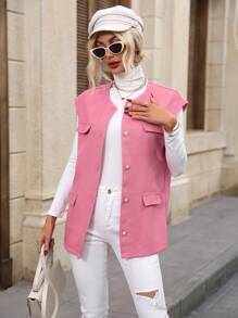 SHEIN LUNE Flap Detail Button Front Vest Overcoat - Pink - View 6