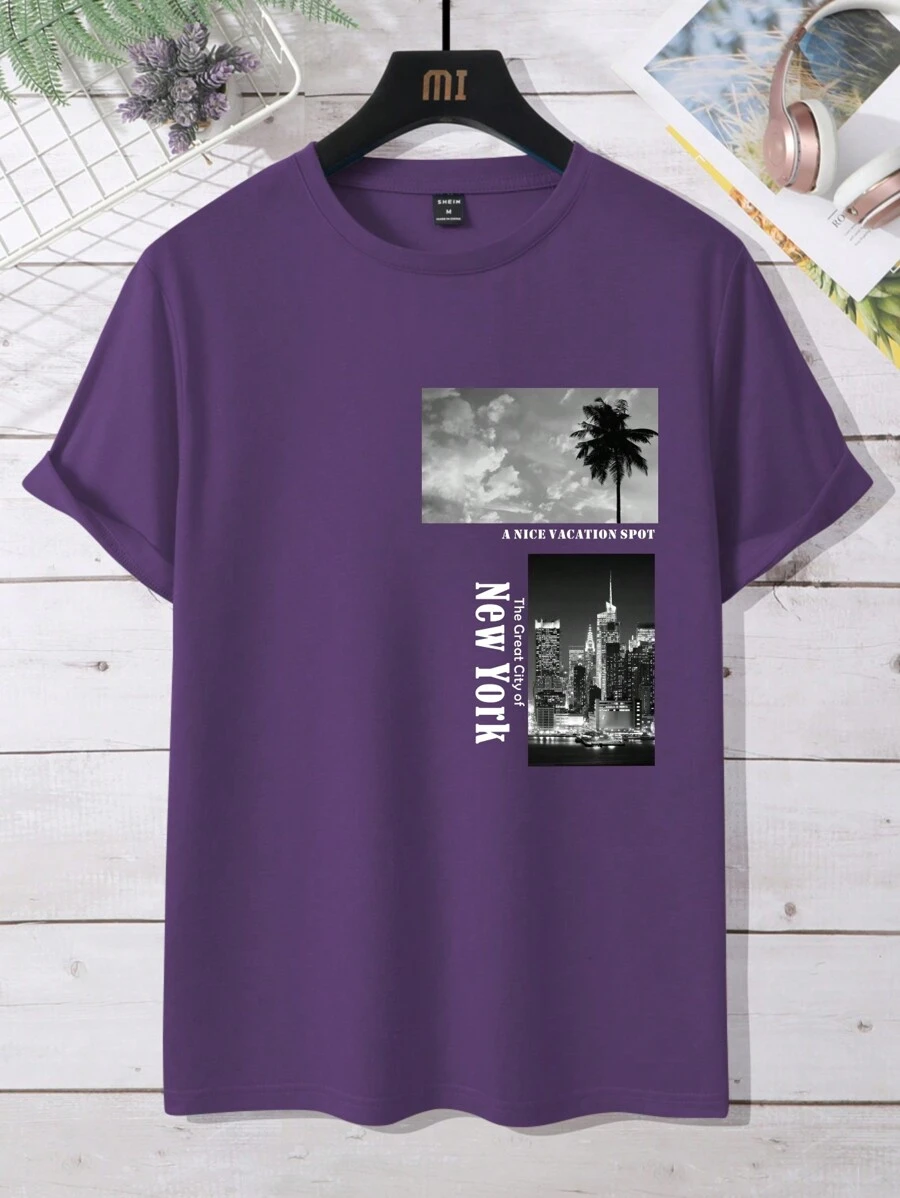 Manfinity Homme Homens Gráfico de Coqueiro & Letra Camiseta - Roxo - Visão 1