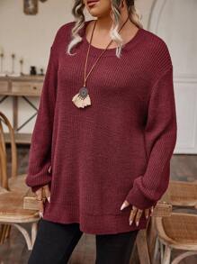 EMERY ROSE Plus Solid Drop Shoulder Sweater Knit Pullover Fall Winter Autumn Sweater - Burgundy - View 4