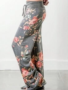Plus Size Women Floral Print Drawstring Waist Casual Loose Wide Leg Pants - Grey - View 4