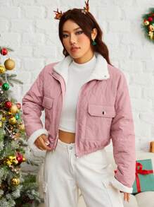 SHEIN EZwear Flap Pocket Teddy Lined Zip Up Quilted Coat In Fall/Winter - Dusty Pink - View 4