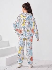 SHEIN Teen Girl Floral and Figure Graphic Drop Shoulder Hoodie & Sweatpants - Multicolor - View 2