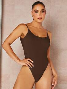 Silquee Solid Backless Cami Bodysuit - Coffee Brown - View 2