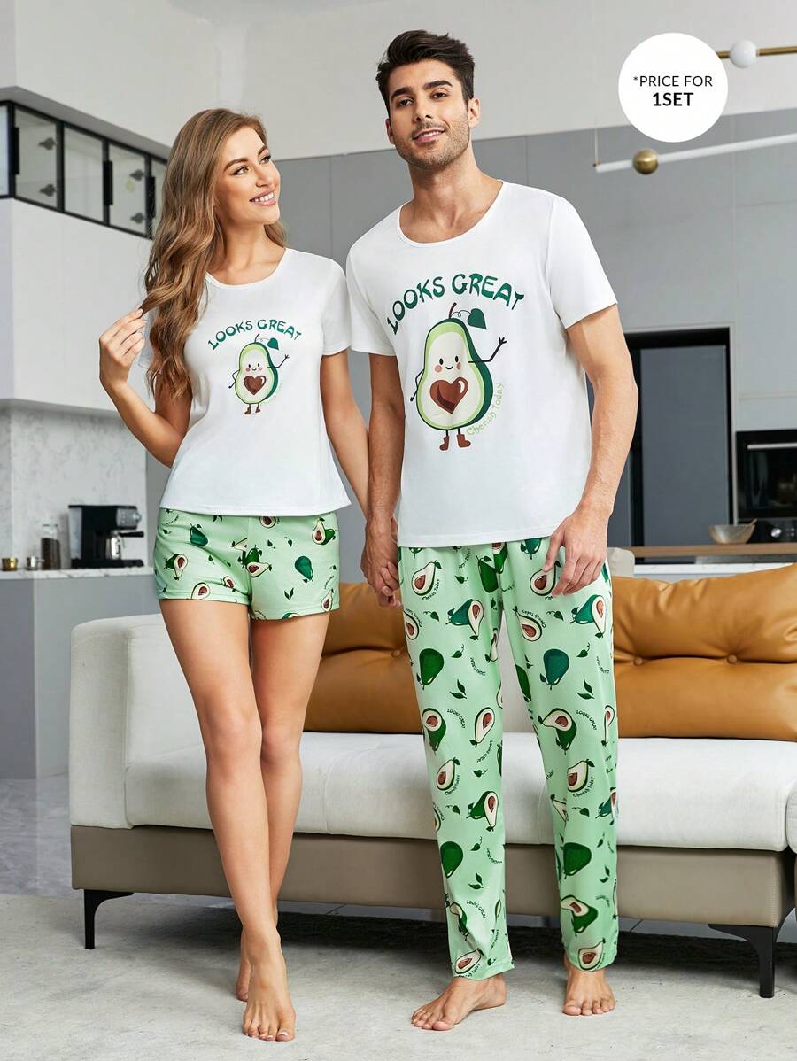 Men Cartoon & Letter Graphic PJ Set / Pajama Set