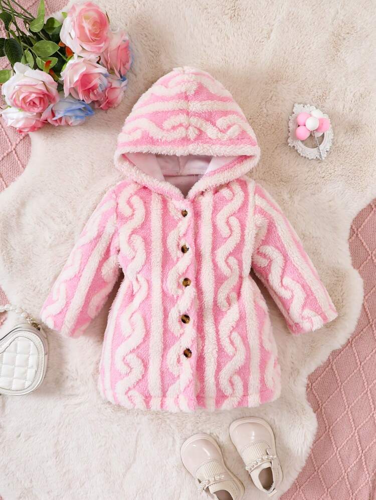 Baby Girl Wave Pattern Hooded Flannel Coat