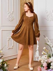 SHEIN Vestido informal para adolescente con decoración de cuello en forma de corazón de tela lisa