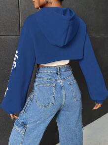 SHEIN Coolane Letter Graphic Super Crop Hoodie Without Bra - Royal Blue - View 2