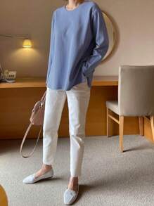 DAZY 素色落肩袖下擺開叉T恤 - 藍色 - 查看 7