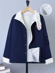 SHEIN 男大童字母補丁細節毛絨內襯外套 - 軍綠色 - 查看 3