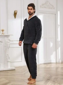 Men Contrast Trim Teddy PJ Set - Multicolor - View 3