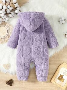 Baby Girl Heart Pattern Hooded Teddy Jumpsuit - Purple - View 2