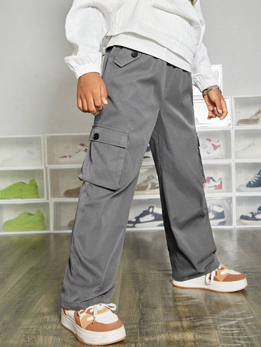 SHEIN Leap Crew Tween Boy Flap Pocket Side Cargo Pants - Grey - View 1