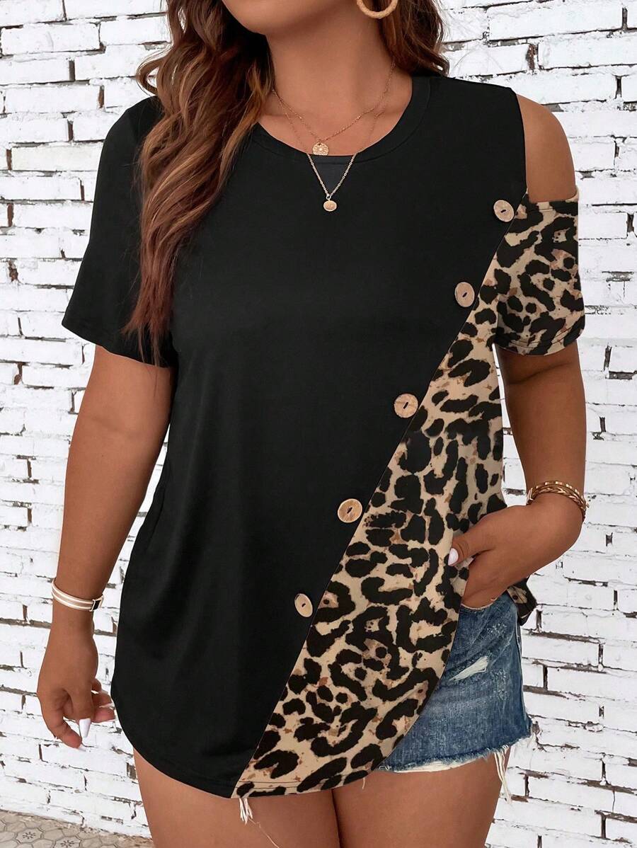 SHEIN LUNE Plus Leopard Print Button Detail Tee Graphic Cheetah Print Tees Women Tops - Multicolor - View 1