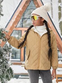 SHEIN Tween Girl 1pc Drop Shoulder Zipper Hooded Thermal Lined Quilted Coat - Khaki - View 1