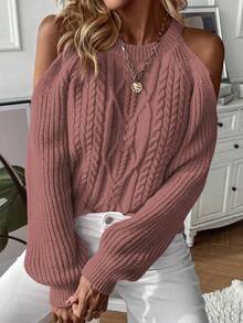 SHEIN LUNE Cold Shoulder Cable Knit Sweater - Dusty Pink - View 5
