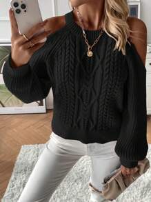 SHEIN LUNE Cold Shoulder Cable Knit Sweater,Long Sleeve Tops Knit Pullover Fall Winter Sweater - Black - View 5