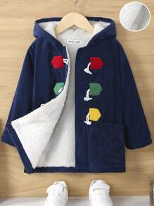 SHEIN 男小童雙口袋毛絨內襯連帽外套 - 藍色 - 查看 1