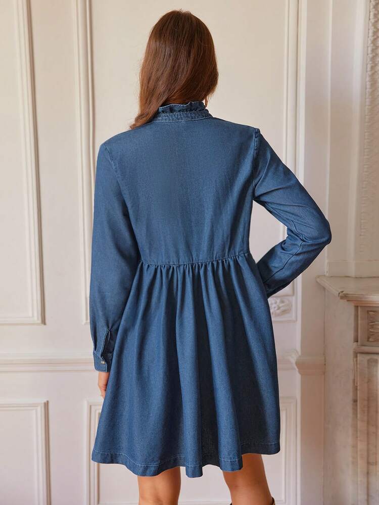 Women's Casual Frill Trim Button Front Long Sleeve Denim Dress, Autumn Winter