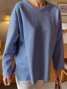 DAZY 素色落肩袖下擺開叉T恤 - 藍色 - 查看 3