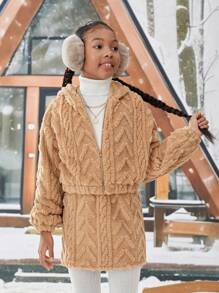 女大童素色連帽毛茸茸夾克&半身裙 - 卡其色 - 查看 4