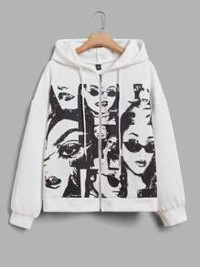 SHEIN EZwear 大码印花落肩抽绳卫衣 - 白色 - 查看 1