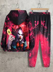 Manfinity 男士人像圖案抽繩連帽衫和運動褲 - 黑色 - 查看 2