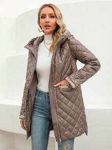 Zip Up Hooded Quilted Coat - Brown - View 3