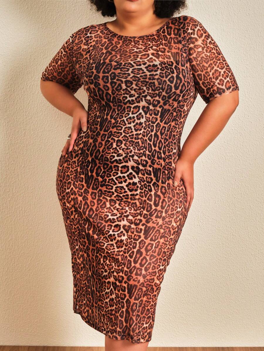 SHE(IN) BRASIL 大碼豹紋印花網紗洋裝不附帶內衣褲套裝 - 紫紅色 - 查看 1