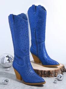 SHUZIA 畅销女式耀眼水钻及膝皇家蓝牛仔靴：神秘优雅、高贵经典、百搭性感 - 寶藍色 - 查看 3