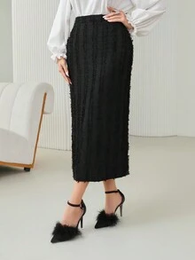 Modelyn Solid Fuzzy Straight Skirt - Black - View 5