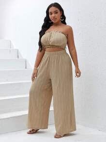 SHEIN VCAY 加純色抹胸和寬褲和落肩襯衫 - 卡其色 - 查看 4