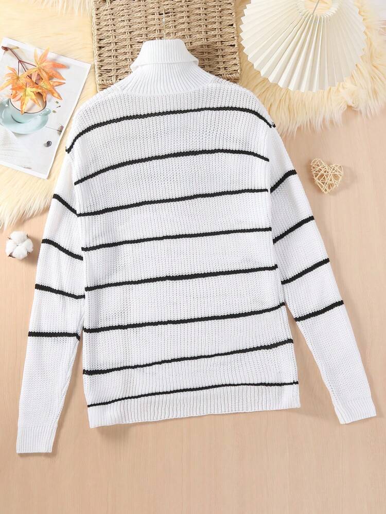 Teen Girl Striped Pattern Turtleneck Split Hem Sweater