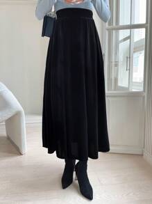 DAZY High Waist Slant Pocket Velvet Skirt Thermal Lined Fall,Winter - Black - View 4