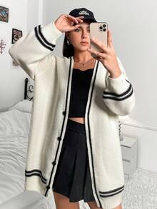 Flirla 大碼條紋飾邊落肩袖開襟衫 - 彩色 - 查看 7