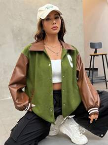 SHEIN EZwear Letter Patched Striped Trim Drop Shoulder Colorblock Striped Trim Jacket