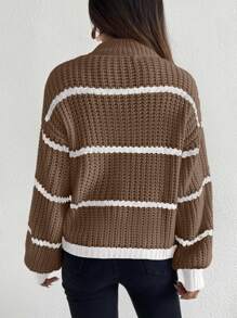 Celisse Striped Pattern Drop Shoulder Sweater,Long Sleeve Tops Knit Pullover Fall Winter Outfit - Mocha Brown - View 2