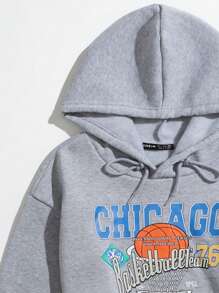 SHEIN Unity 字母和籃球印花抽繩保暖短款連帽衫 - 淺灰色 - 查看 4