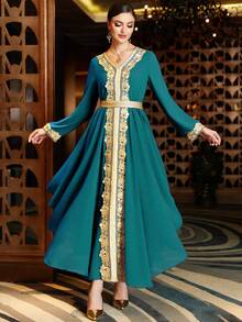 Al Najma Contrast Trimmed Belted Kaftan - Teal Blue - View 3