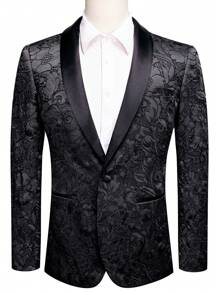 Men 1pc Jacquard Shawl Collar Single Button Blazer - Black - View 1