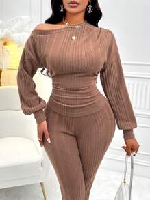 Zolique Asymmetrical Neck Drop Shoulder Ruched Side Tee & Leggings - Brown - View 1