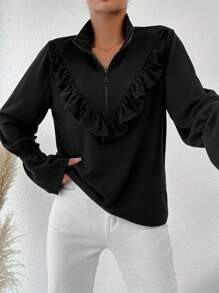 EURMUSE Ruffle Trim Flounce Sleeve Half Zip Sweatshirt - Black - View 3