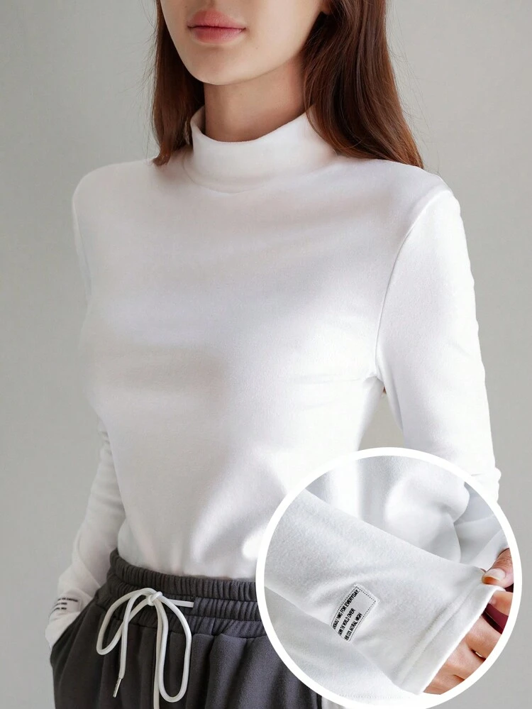 Solid Mock Neck Tee,Fall Clothes Long Sleeve Women Tops,Thermal Lined