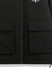Men Letter Cross Graphic Flap Pocket Drawstring Hem Hooded Padded Coat - Black - View 5