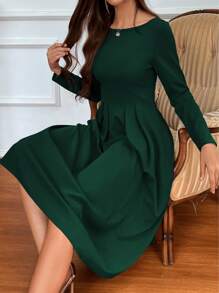 SHEIN LUNE 纯色A字长裙女装秋季服装 - 墨綠色 - 查看 3