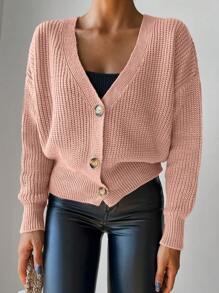 Drop Shoulder Button Front Ribbed Knit Cardigan - Pink - View 4