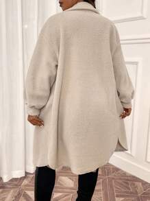 SHEIN LUNE Plus Flap Pocket Drop Shoulder Teddy Coat, For Winter - Apricot - View 2