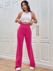 SHEIN EZwear 春夏純色玫瑰紅喇叭腿修身長褲 - 玫紅色 - 查看 5