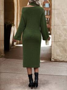Chiquease Cổ không đối xứng Thả vai Đầm Áo len Không có thắt lưng - Màu xanh lá cây đậm - Xem 2